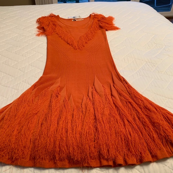 LEON MAX LIMITED EDITION ORANGE COCKTAIL FRINGE DRESS - SIZE M/S - Picture 2 of 14